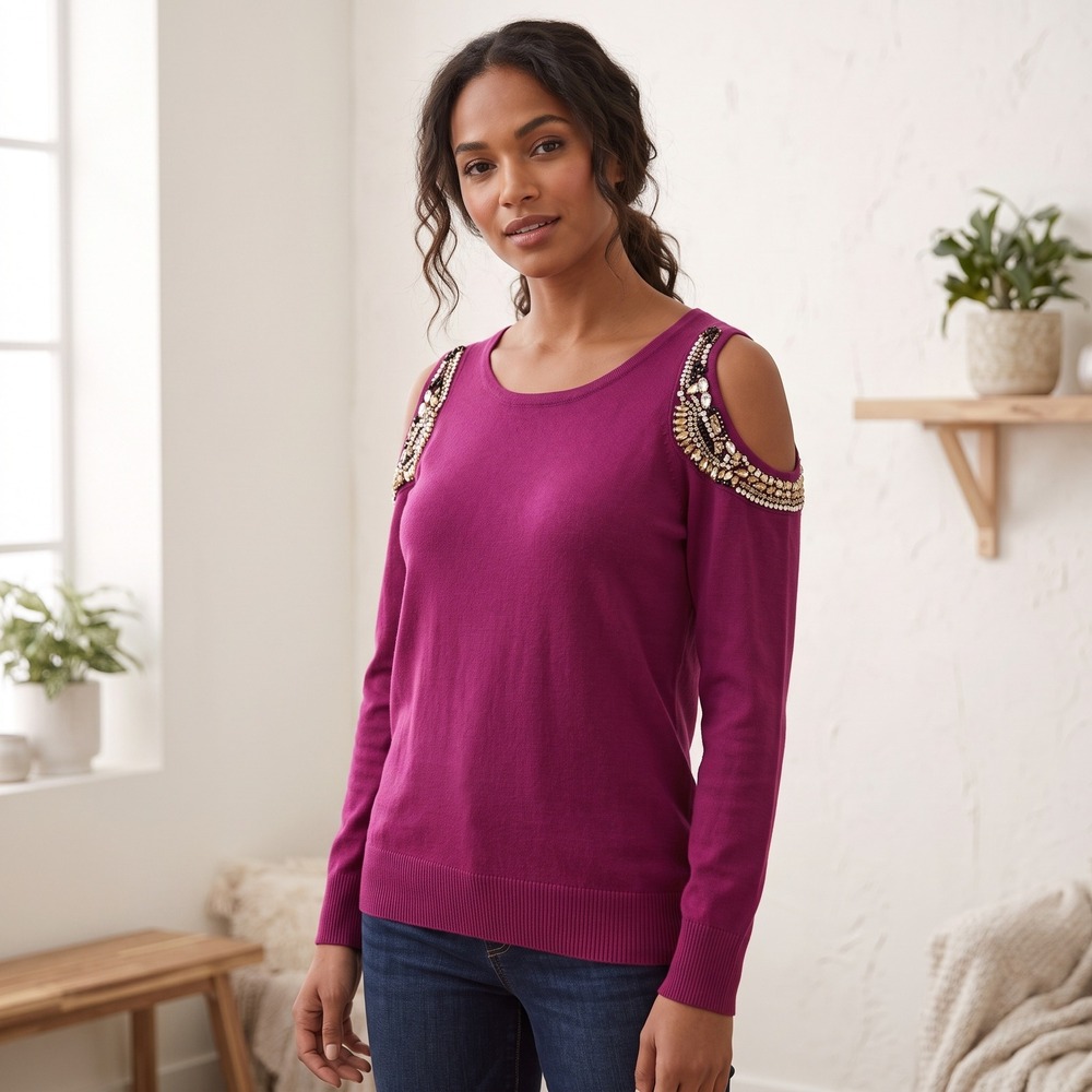 Thalia Sodi Sweater Women's M Purple Cold Shoulder Rhinestone Knit Top